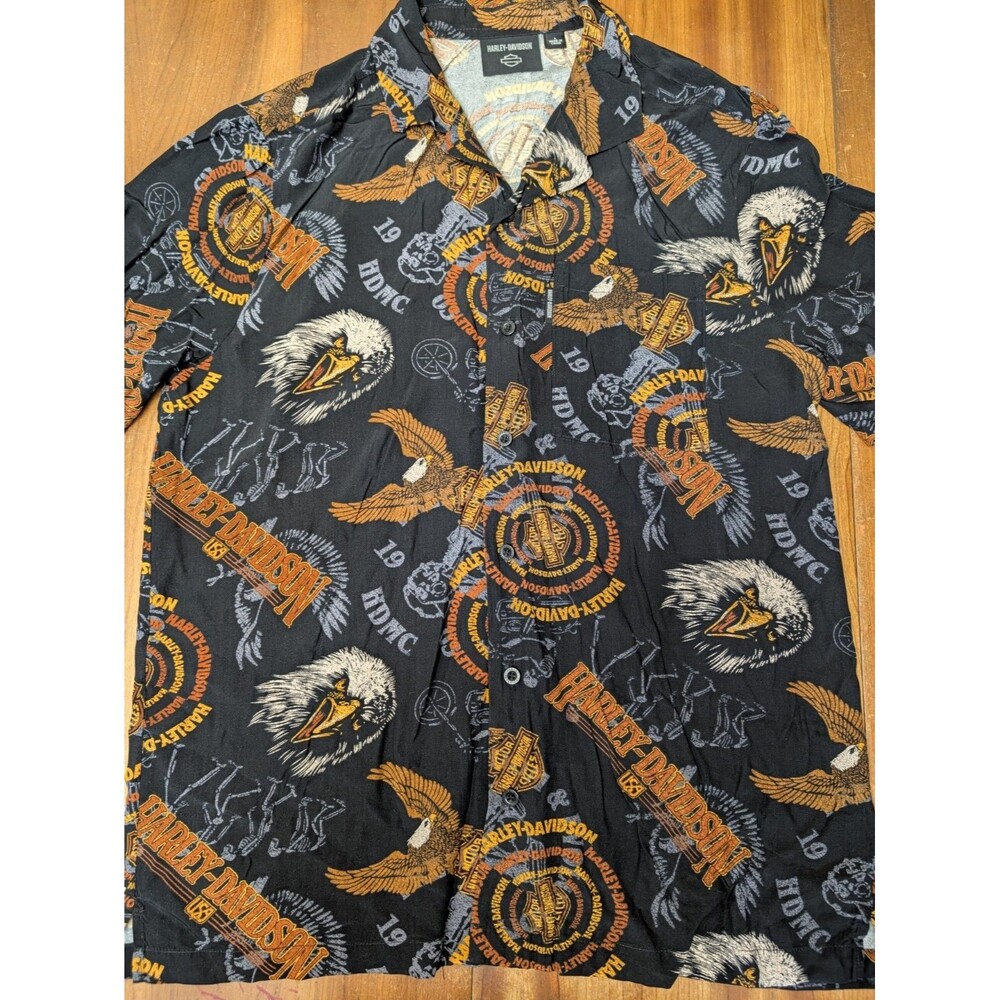 Harley-Davidson Men's L Screamin Eagle Logo Black Aloha Hawaiian Camp Shirt
